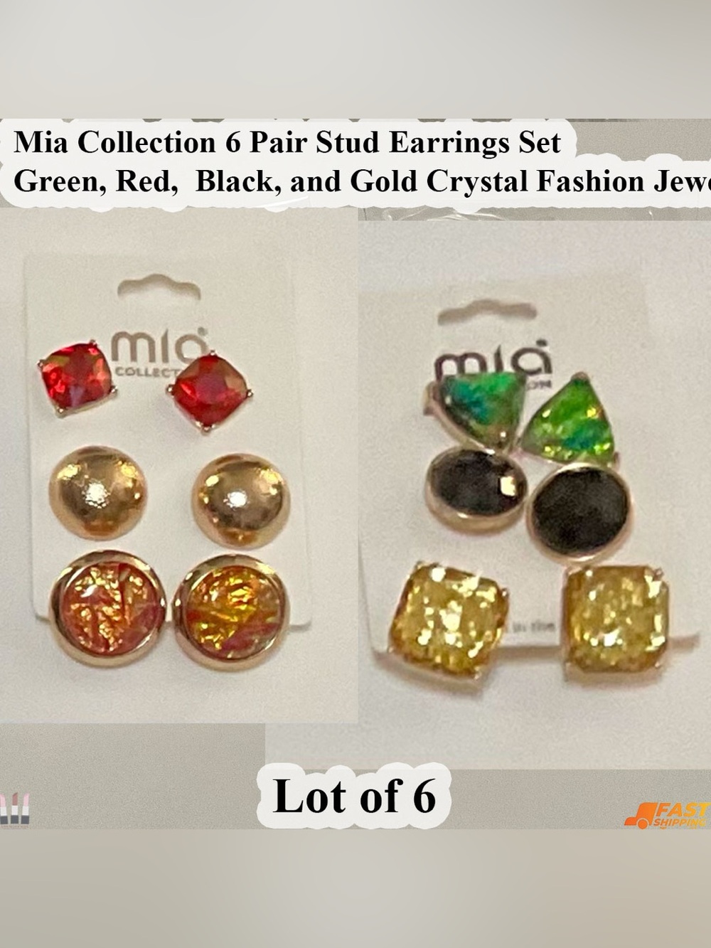 MIA 6-Pair Stud Earring Set - Red, Green, Gold, Black